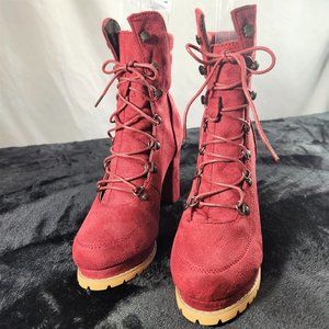 Red Faux Suede Lace-up 4" Block Heel Ankle Booties